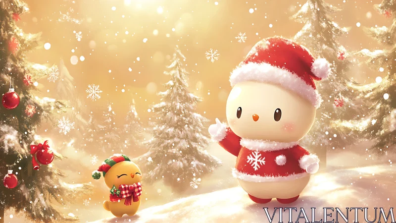 Cartoon bird characters in snowy Christmas forest scene.