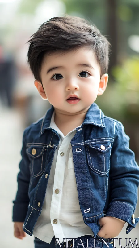 Toddler in denim jacket and white shirt, outdoor setting.