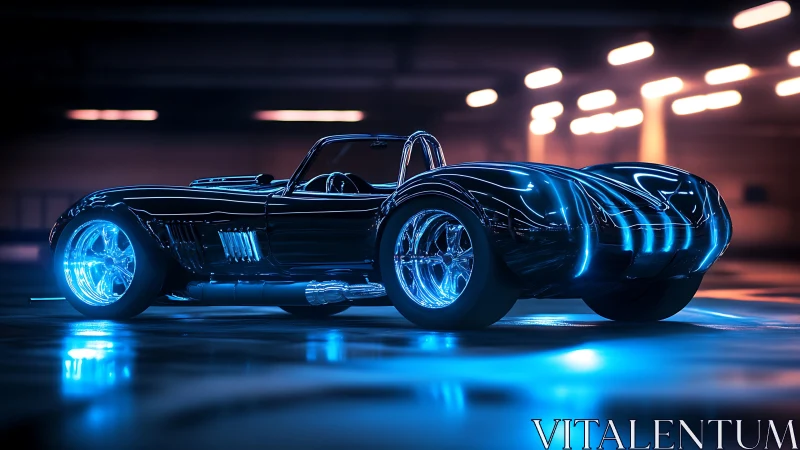 Sleek neon roadster glowing under soft futuristic lights.