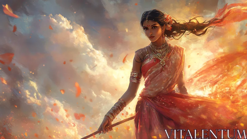 Stormswept warrior goddess in ember-bright sari stride.