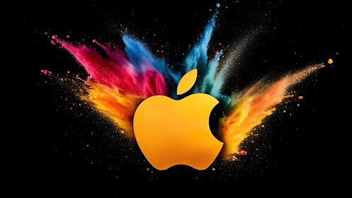 Golden apple silhouette with explosive neon powder burst