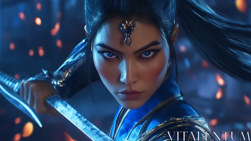 Warrior heroine locks blades in a blazing blue night