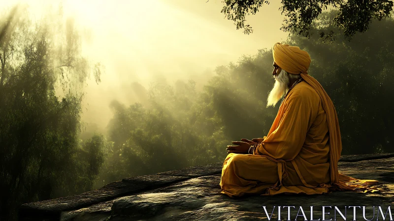 Elderly sage meditates in golden sunrise forest light
