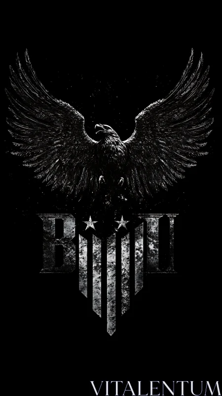 Soaring monochrome eagle unifies with distressed emblem typography