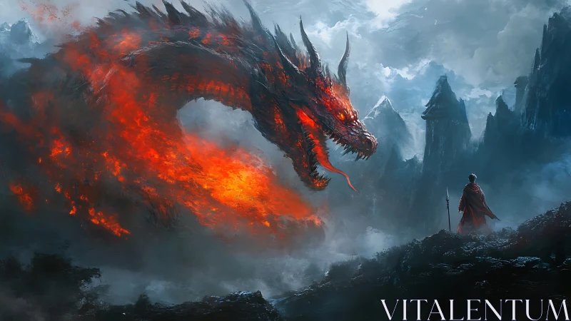 Infernal dragon confronts lone warrior in stormlit mountainscape.