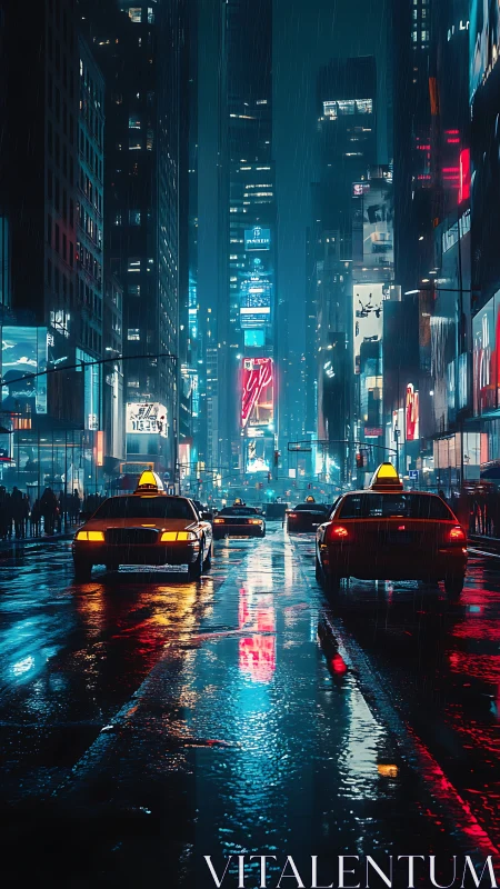 Neon-saturated rainy avenue with taxis and reflective wet asphalt.