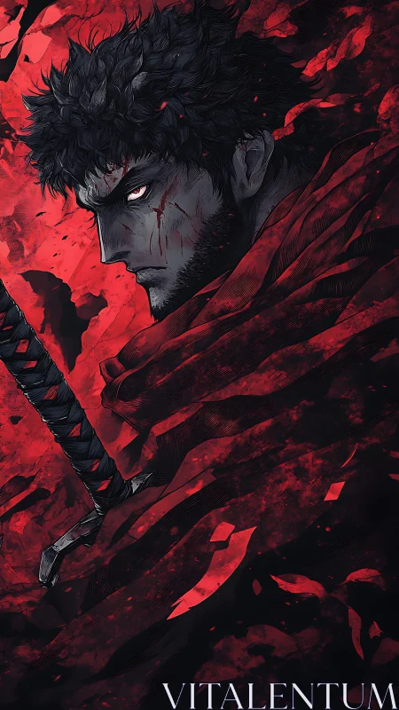 Bloody warrior portrait wrapped in tattered red cloak.