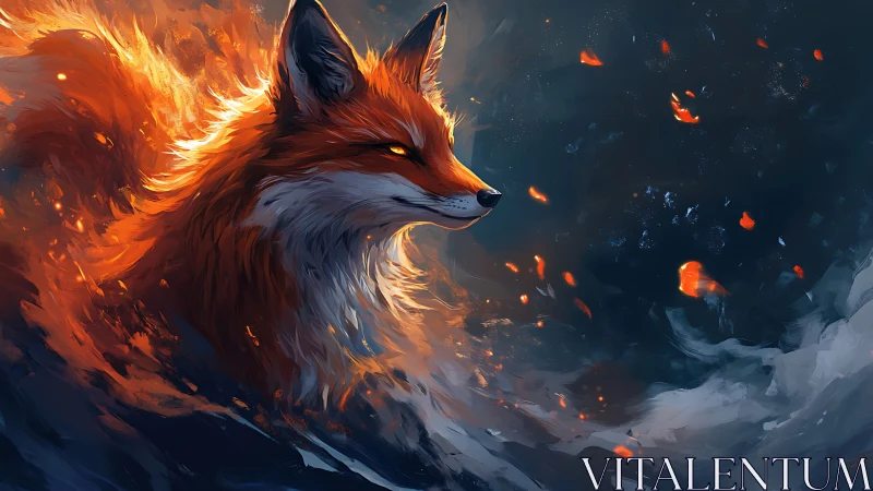 Fiery fox silhouette against dark swirling background.