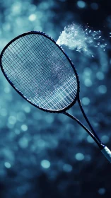 Tennis racket in motion with water spray against blue bokeh.