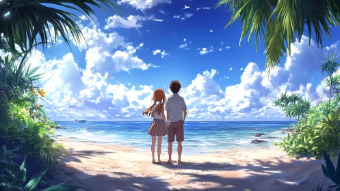 Anime seaside couple under expansive tropical sky composition.