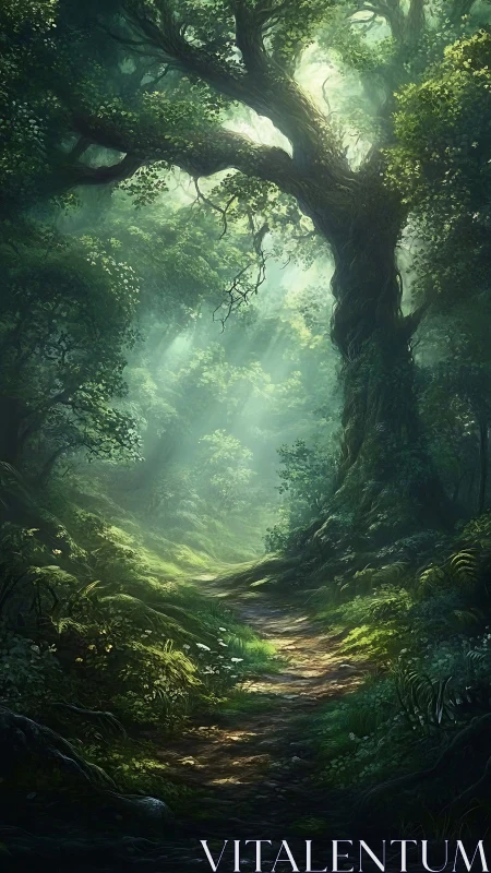 Ancient forest path with towering trees and radiant light