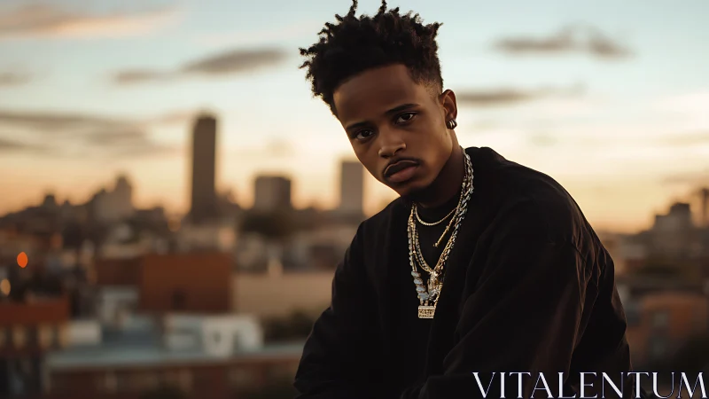 Young man on rooftop at sunset with layered gold chains.