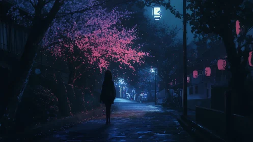 Midnight stroll beneath neon-lit cherry blossoms in bloom.