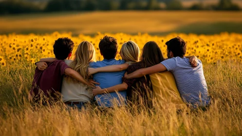 Friends sitting in meadow with arms around each other.