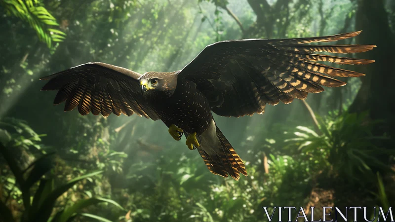 Forest raptor gliding through sunlit jungle hush.