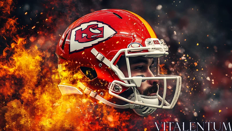 Fiery red football helmet portrait with explosive flames backdrop.