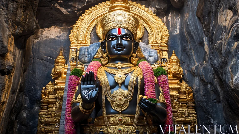 Black stone Hindu deity idol with ornate gold kavacham in cave