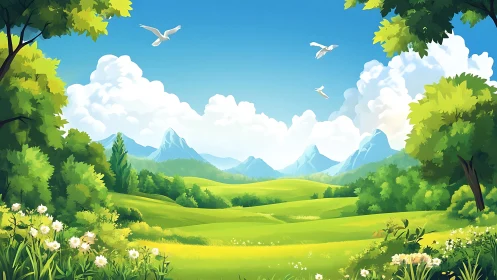 Sunlit valley landscape with mountains and drifting clouds.