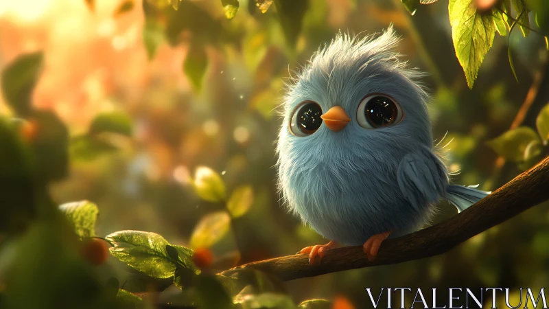 Adorable blue cartoon bird on branch in dreamy sunlight forest.