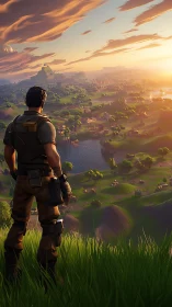 Game character overlooking stylized landscape at sunset.