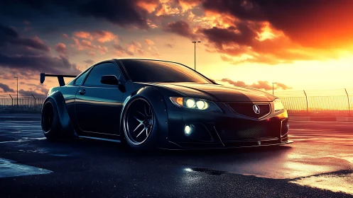 Midnight-tuned Acura coupe glows under dramatic sunset sky.