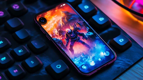Mobile gaming adventure glowing between neon keys.