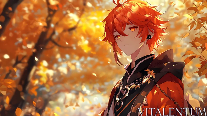 Autumn-eyed wanderer gazes through a swirling ember forest