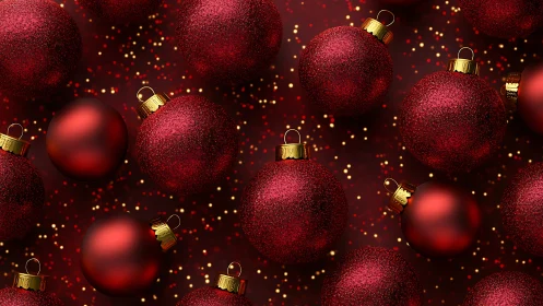 Crimson Christmas baubles scattered over glowing bokeh field.