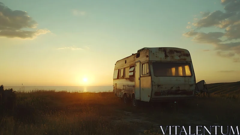 Rusty camper trailer stands in field facing bright coastal sunset