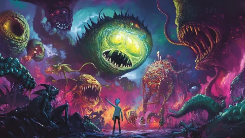 Scientist confronts colossal neon monsters in chaotic void