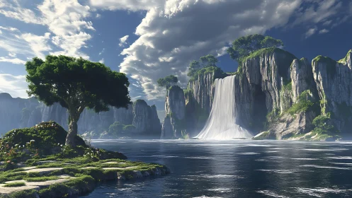 Dramatic Waterfall Canyon with Towering Cliffs and Lush Vegetation.