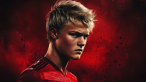 Intense young footballer in dramatic red splatter portrait.