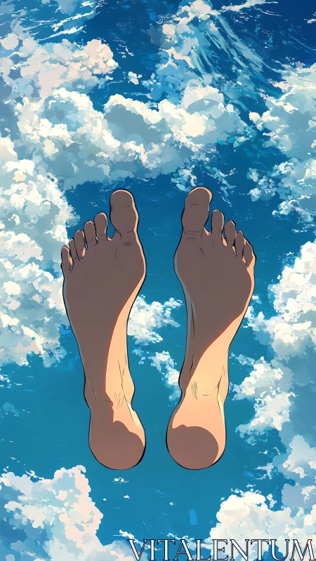 Bare feet drift above cotton clouds and painted summer sky