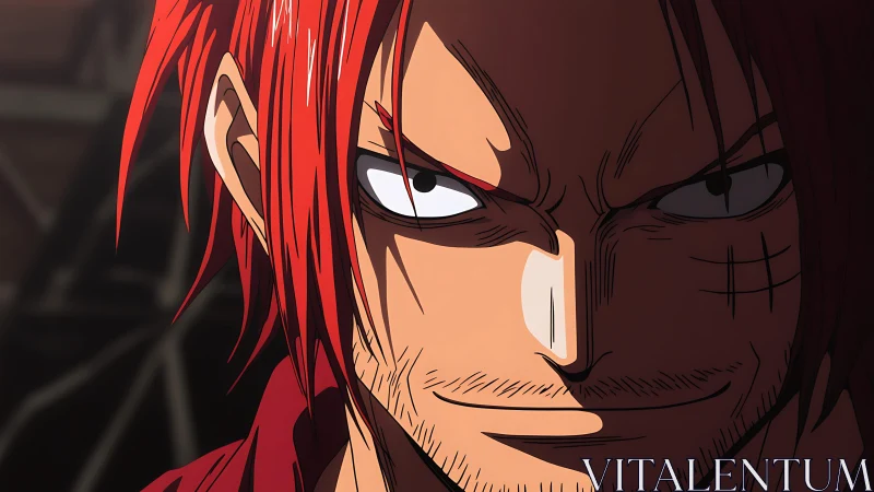 Red haired anime swordsman close up with dramatic hard lighting
