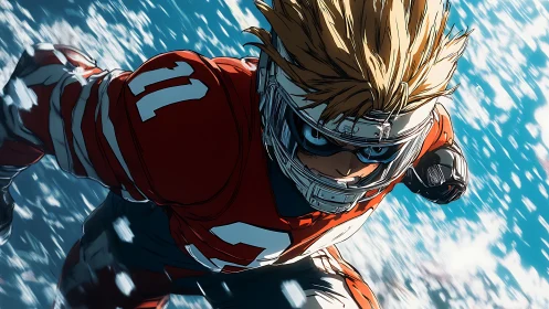 Anime football player sprints forward in dynamic motion
