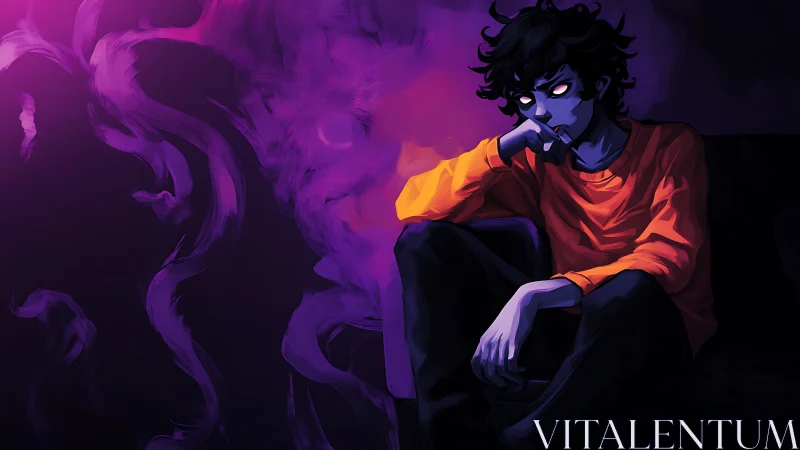 Digital painting of brooding figure in violet negative space.