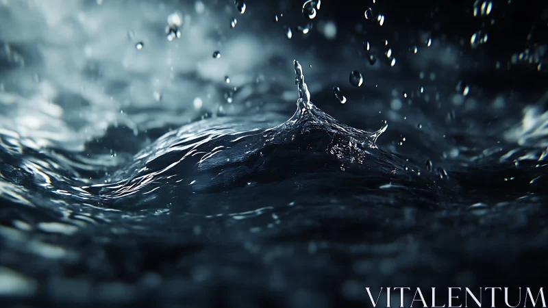 Water droplet crown explodes from dark reflective surface.