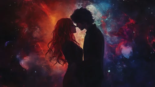 Silhouetted Figures Amid Nebular Luminescence and Cosmic Particle Dynamics