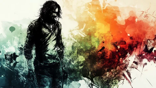 Silhouetted figure amid chaotic abstract color field.