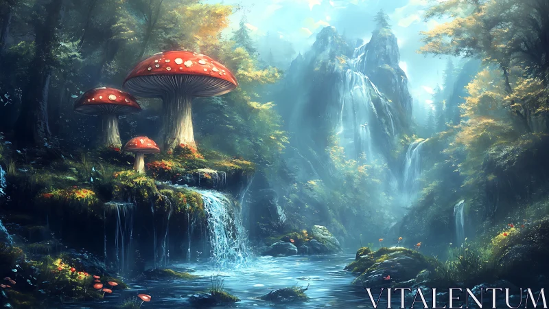 Luminescent forest river with giant amanita mushrooms and falls