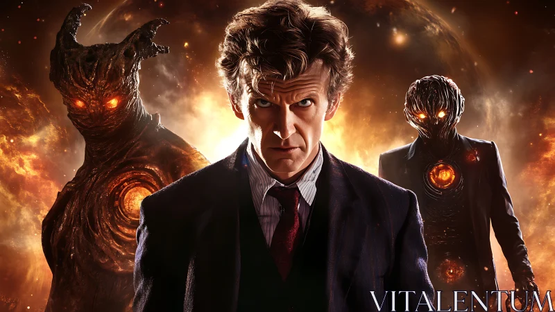 Time-worn hero framed by molten cosmic guardians in firestorm.