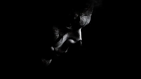 Shadowed painted face emerges from deep black darkness.