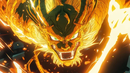 Fiery golden dragon head in dynamic frontal perspective.