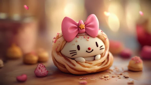Anthropomorphic Hello Kitty Character 3D Rendering with Pastry Base.
