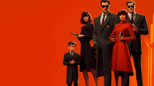 Stylized spy family in formal suits holding pistols