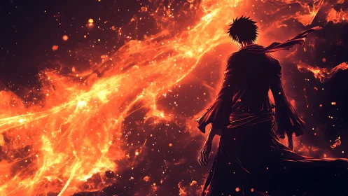 Lone warrior silhouette beside erupting cosmic firestream.