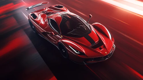 Computational rendering of crimson hypercar in motion blur field.