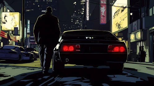 Lone figure and sports car pause beneath neon city lights.