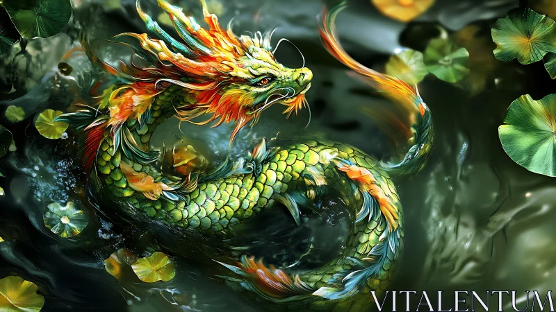 River dragon loops through moonlit lilies and swirling jade