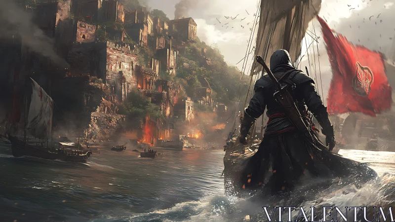 Hooded sea raider storms burning cliffside fortress harbor.